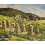 E. Vernier, oil on board, Swiss chalets and cornstacks on a hillside, signed and dated '43, 36 x