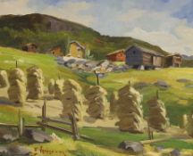 E. Vernier, oil on board, Swiss chalets and cornstacks on a hillside, signed and dated '43, 36 x