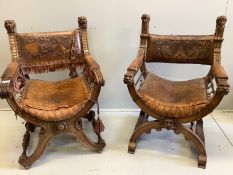 Two continental carved x-framed elbow chairs, each with tooled leather backs and carved terminals,