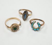 An early 20th century 9ct gold and two colour pastes set circular cluster ring, a 333 (8ct) ring and