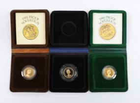 British gold coins, three Elizabeth II Royal Mint UK gold proof sovereigns, 1979, 1980 and 1981,