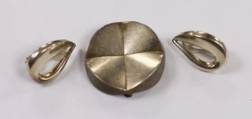 A modern pair of Georg Jensen silver ear clips, 24mm and a Georg Jensen sterling brooch, design