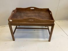 A Victorian rectangular mahogany butler’s tray on associated stand, width 79cm, depth 58cm, height
