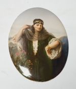 A Berlin KPM painted porcelain oval plaque, painted with a Persian lady, initialled JM, 18 x 13cm