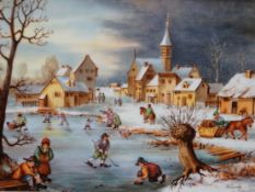 A West German porcelain plaque hand painted with a winter landscape and figures skating,