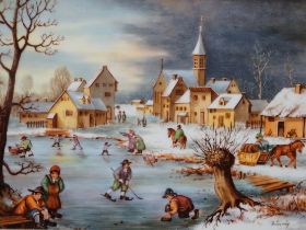 A West German porcelain plaque hand painted with a winter landscape and figures skating,