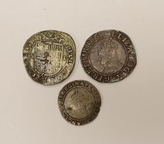 British hammered silver coins, Elizabeth I shilling and sixpence and a replica coin