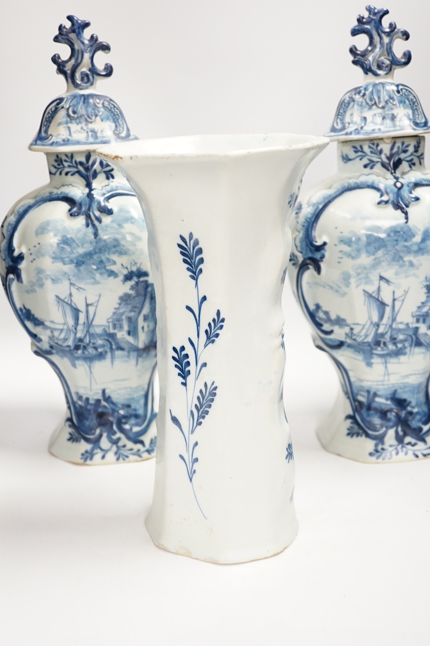 A Delft garniture of three vases, c.1770, tallest 41cm high - Image 3 of 7