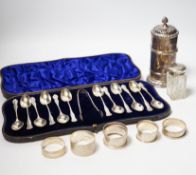 A cased set of twelve late Victorian silver teaspoons with tongs, William Hutton & Sons, London,