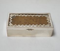 A continental white metal triple compartment rectangular stamp box(ex surmount?), 72mm.