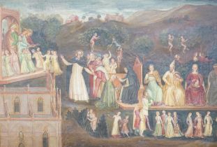 Early 19th century school, oil on canvas, Religious scene with figures worshipping, 39 x 58cm