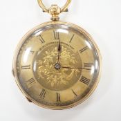 An engine turned 18ct open faced keywind fob watch, with Roman dial, case diameter 35mm, gross