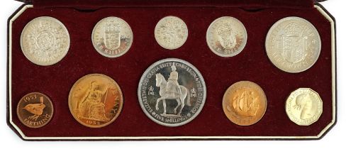 British coins, Queen Elizabeth II coronation proof coin set 1953, farthing to five shillings, cased