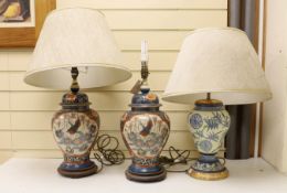 A pair of Chinese crackleware lamps, 40cm high, and a European pottery lamp (3)