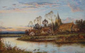 Daniel Sherrin (1868-1940), oil on canvas, River landscape with church and cottages, signed, 29 x