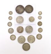 British Mixed silver coins including 1915 shilling GEF, Victoria crown 1887 and double florin etc.