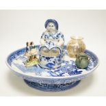 A group of mixed ceramics including a Moser crackle glass fish vase, Delft seated lady figurine,