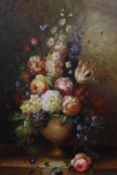 Continental School, oil on canvas, Still life of flowers in an vase, indistinctly signed, possibly