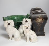 Three Staffordshire dogs, a green leaf pedestal dish and a pair of toleware vases, pedestal dish