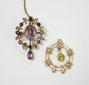 An early 20th century 9ct, peridot and seed pearl set drop pendant, 25mm and one other yellow