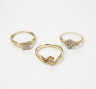 Three modern 9ct gold and diamond set rings, including solitaire and cluster, gross weight 5.9