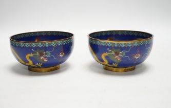 A pair of Chinese cloisonné enamel bowls decorated with dragons, c.1890-1910, signed lao tian li