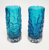A pair of Whitefriars ‘Bark’ vases in kingfisher blue, 19cm high