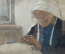 C.W.B, pencil and watercolour, Flemish lace maker, initialled and dated 29 Oct 1901, 41.5 x 48cm