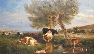 After Thomas Sidney Cooper (1803-1902), oil on canvas, Pastoral landscape with cattle by a pond,
