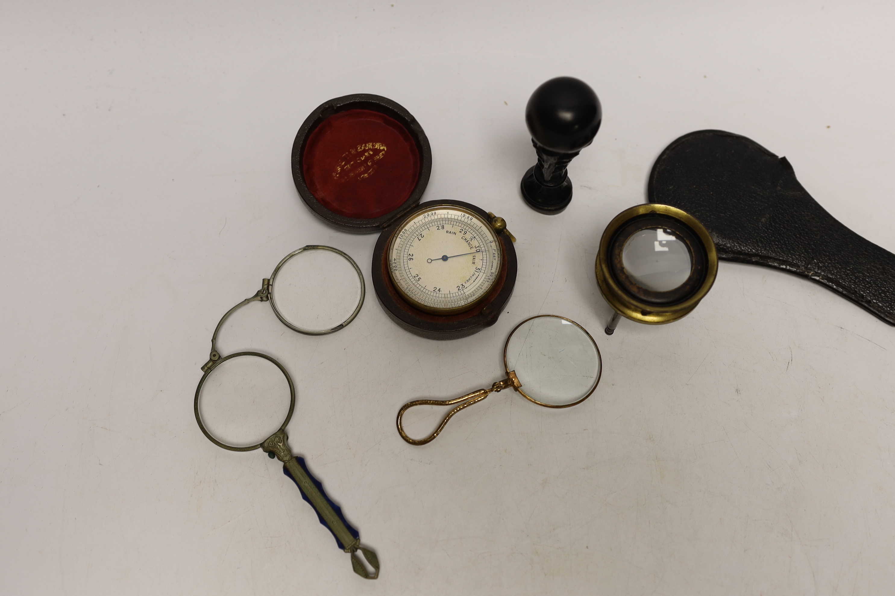 A pocket barometer, carved wood ‘stag head’ seal, lorgnette and eyeglass - Image 2 of 4