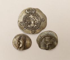 Sasanian Kingdom AR drachm, 4g, holed and clipped otherwise VF and Parthian Kingdom, two AR