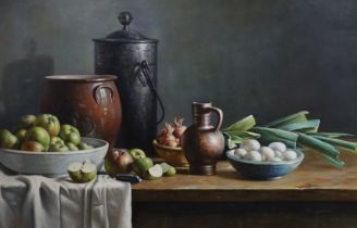 Nicholas Moreau (20th. C), oil on canvas, Still life of vessels, signed, 58 x 88cm