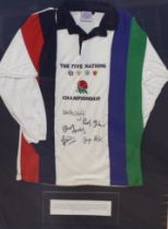 A framed 1999 Five Nations special edition signed rugby shirt, 82cm wide x 103cm high, including