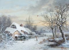 William Stone (fl.1865-93), oil on canvas, Winter landscape with thatched cottage and figure,