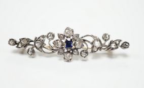 A late Victorian yellow and white metal, sapphire, old and rose cut diamond cluster set foliate