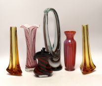 Six pieces of studio art glass, tallest 32cm