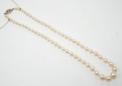 A single strand graduated cultured pearl necklace with millegrain set diamond cluster and yellow