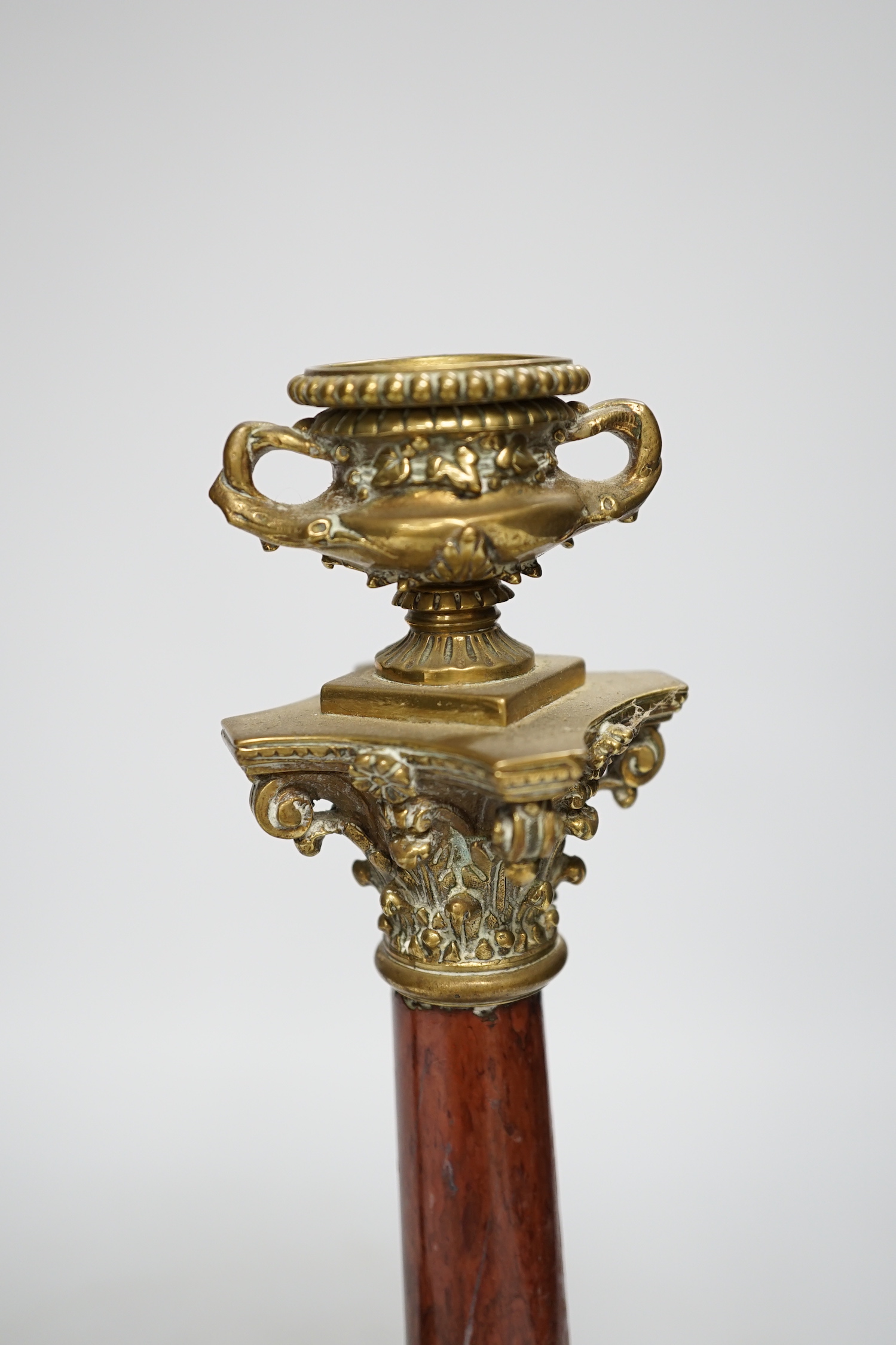 A pair of 19th century brass mounted rouge marble candlesticks, 29cm (a.f.) - Image 2 of 5
