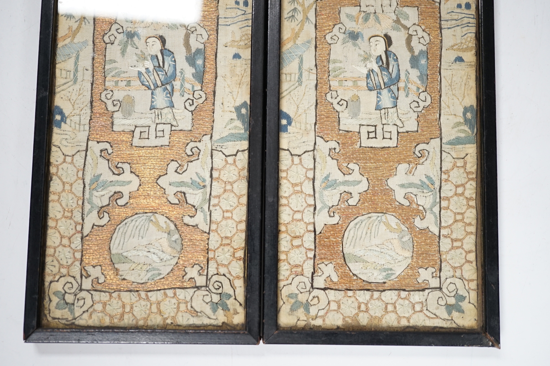 A pair of framed Chinese needlework pictures, 25.5 x 10.5cm - Image 4 of 4