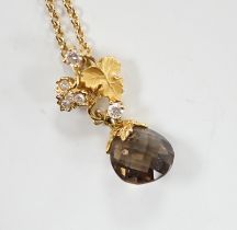 A modern Carera Y Carera 750 yellow metal, smoky quartz and diamond set drop pendant necklace,