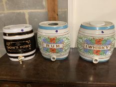 Two Staffordshire pottery spirits casks, Rum, Whisky and a Dow's Port cask, larger height 33cm