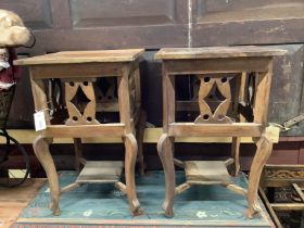 A pair of square hardwood occasional tables, width 40cm, height 62cm