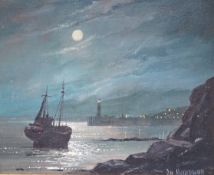 Don Micklethwaite (b. 1936), oil on canvas board, Moonlit coastal landscape with lighthouse, signed,