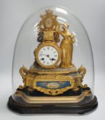 A French ormolu figural mantel clock with porcelain plaque under dome, 43cm high