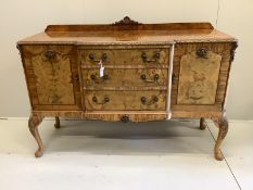A Queen Anne revival walnut and simulated walnut breakfront sideboard, width 150cm, depth 53cm,