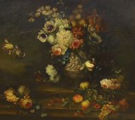 18th / 19th century School, oil on canvas, Still life of flowers and fruit, 91 x 108cm