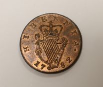 Ireland coins, George III (1760-1820), proof Halfpenny, 1782, laureate bust right, rev. crowned harp