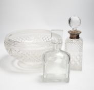 A silver-collared decanter together with another and a heavy glass bowl, bowl 29cm diameter (4)