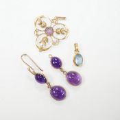 A pair of yellow metal mounted two stone cabochon amethyst set drop earrings, overall 40mm, together
