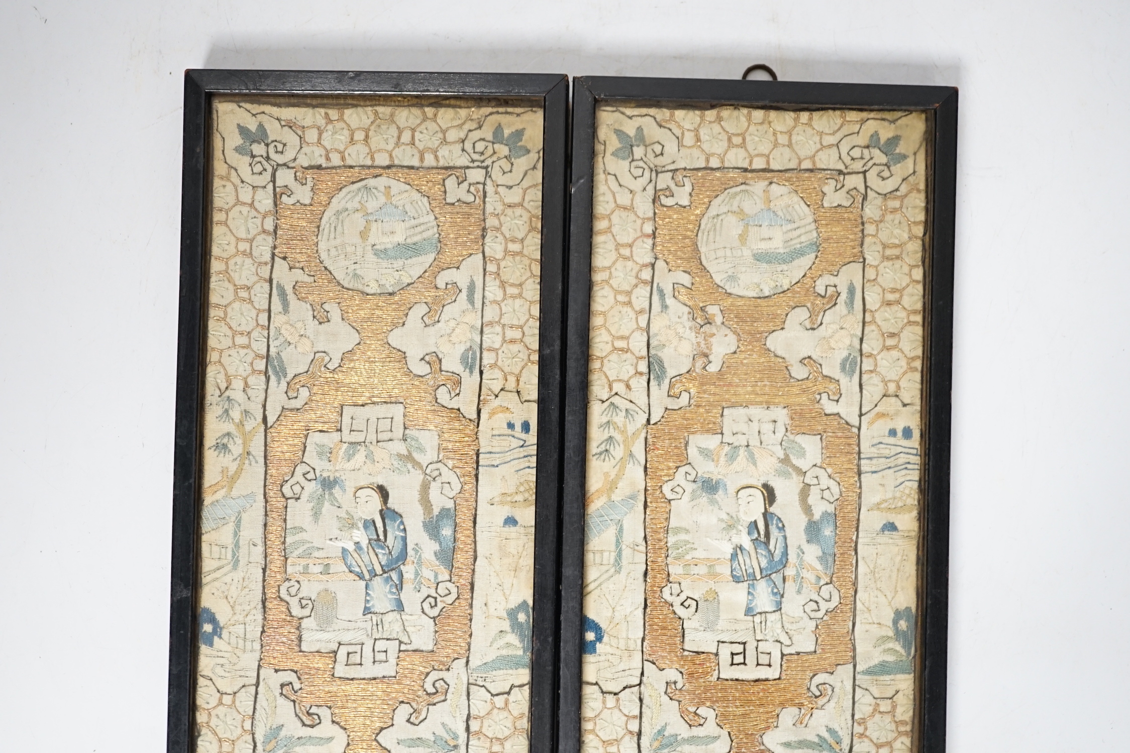 A pair of framed Chinese needlework pictures, 25.5 x 10.5cm - Image 2 of 4